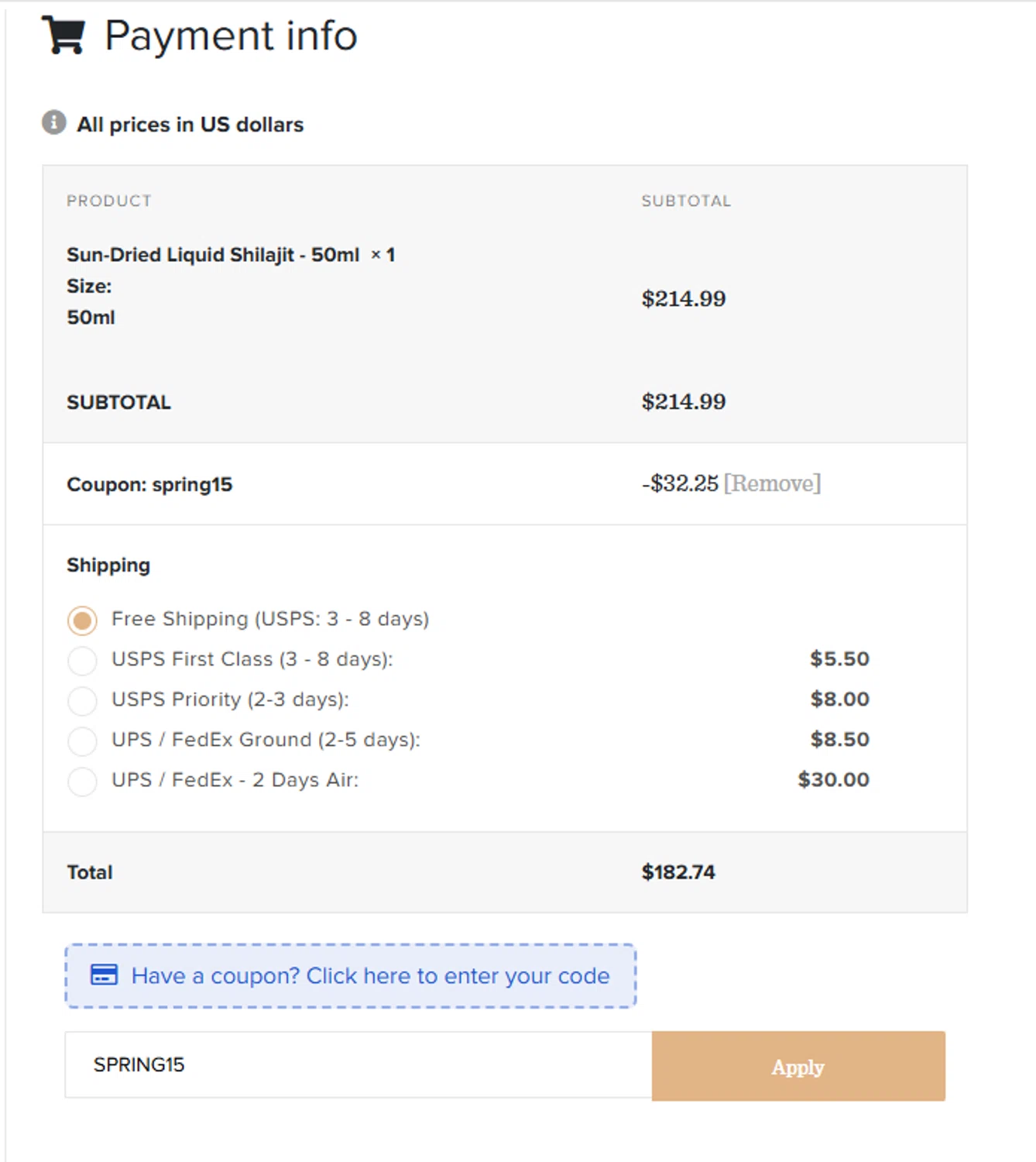 Pure Himalayan Shilajit coupon code screenshot showing code SPRING15 applied at Pure Himalayan Shilajit checkout page. Uploaded by SimplyCodes community member MightyHunter5940 on Sep 5, 2025