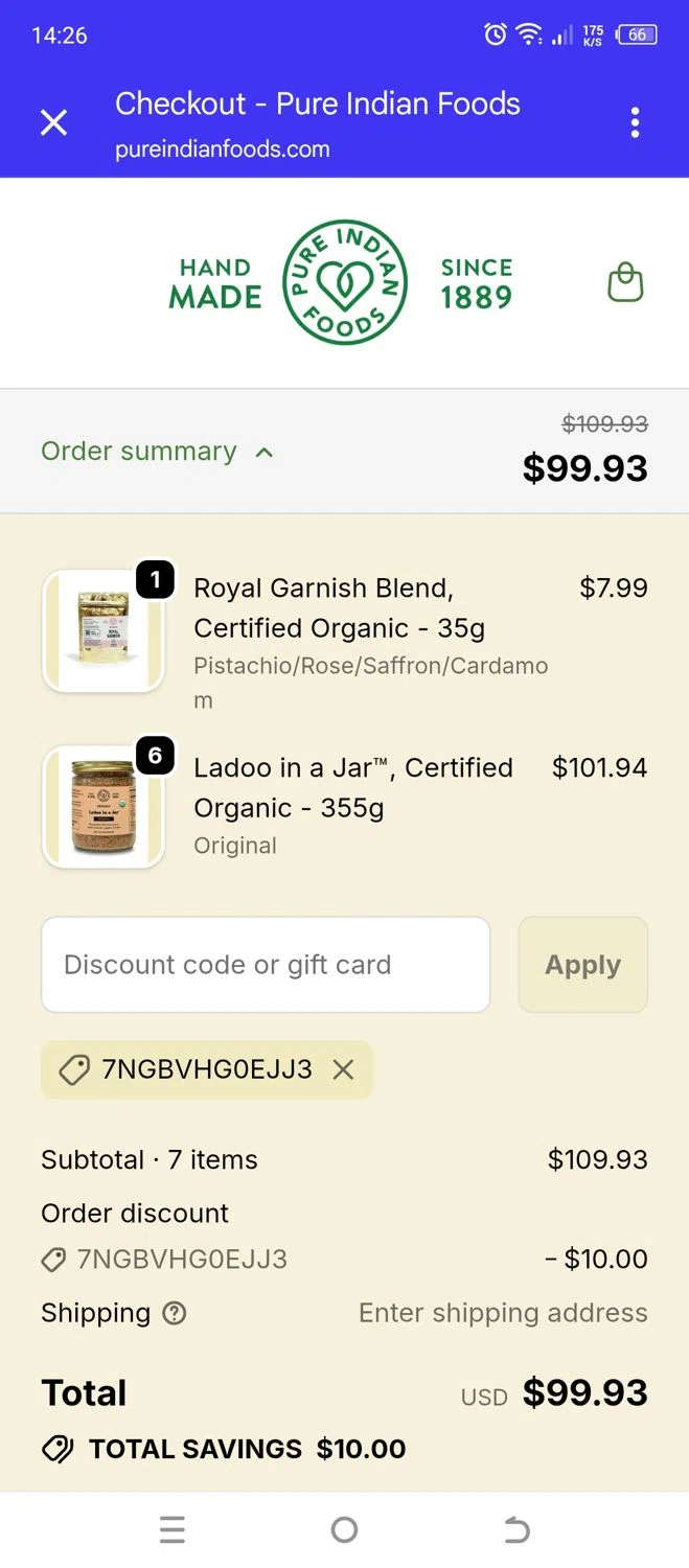 Pure Indian Foods discount code screenshot showing code 7NGBVHG0EJJ3 applied at Pure Indian Foods checkout page. Uploaded by SimplyCodes community member 502312 on Oct 30, 2025