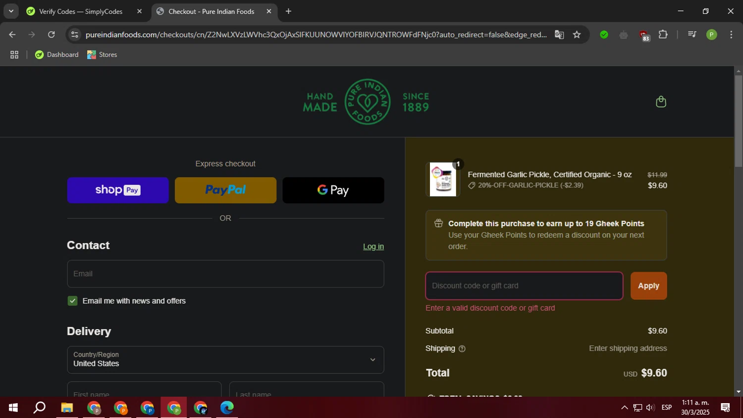 Pure Indian Foods discount code screenshot showing code krissy applied at Pure Indian Foods checkout page. Uploaded by SimplyCodes community member FortunateTiger3302 on Mar 30, 2025