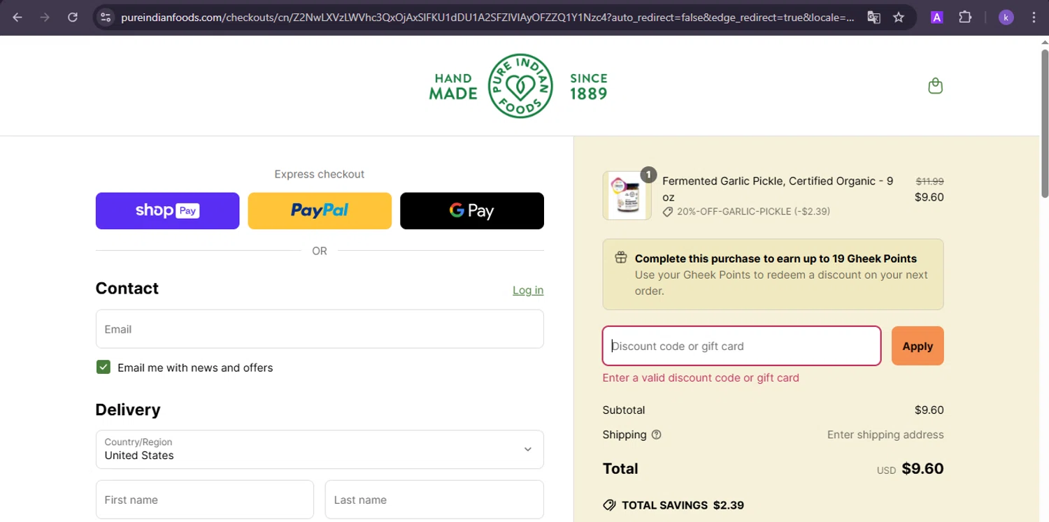 Pure Indian Foods discount code screenshot showing code krissy applied at Pure Indian Foods checkout page. Uploaded by SimplyCodes community member SwiftLynx6587 on Mar 30, 2025