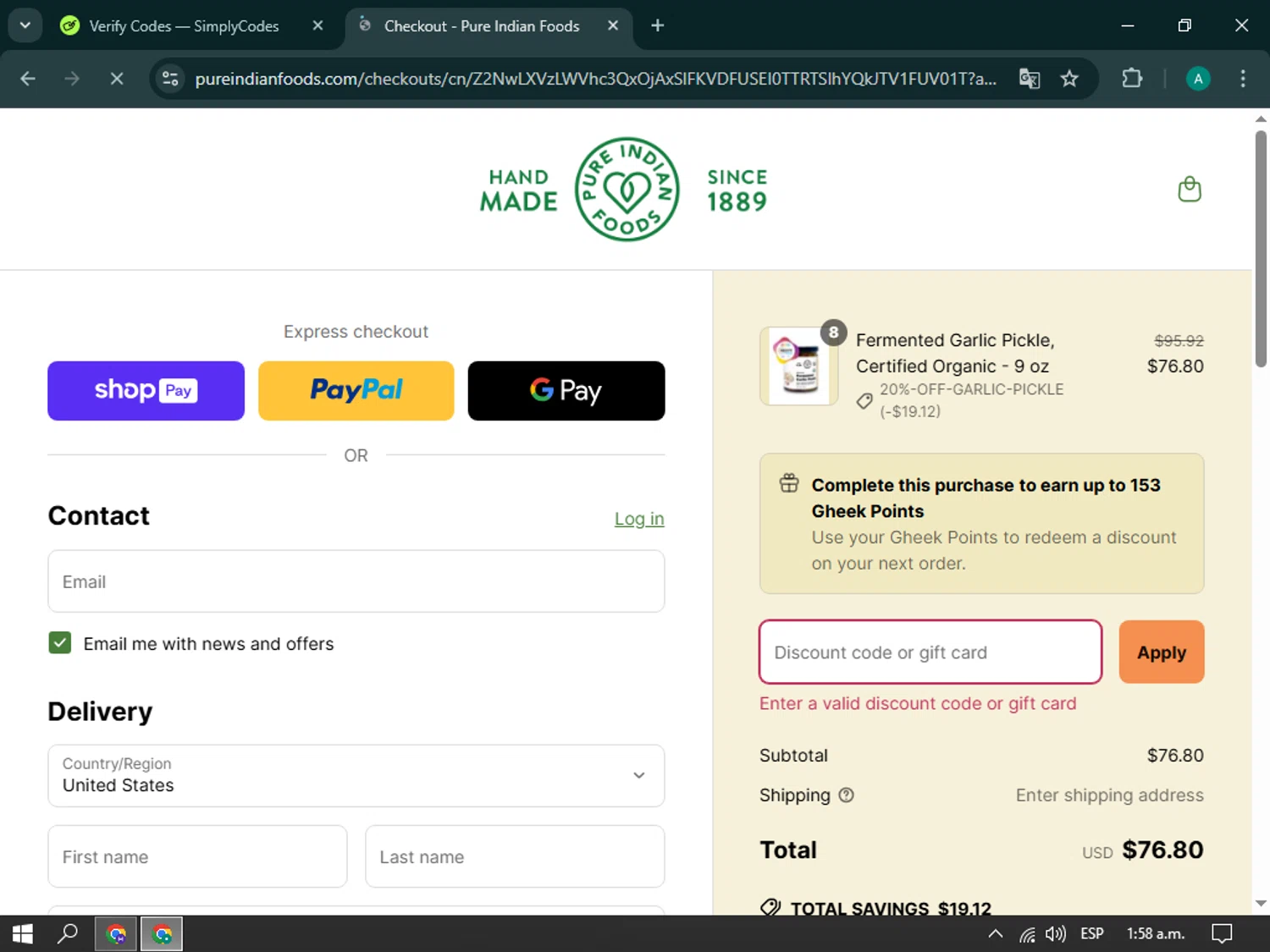 Pure Indian Foods discount code screenshot showing code krissy applied at Pure Indian Foods checkout page. Uploaded by SimplyCodes community member simplycodescupons on Mar 30, 2025
