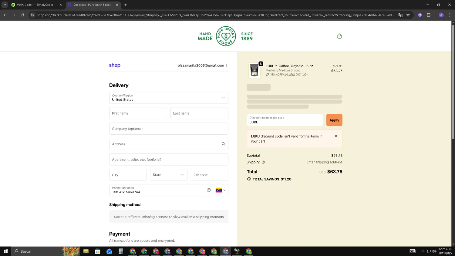 Pure Indian Foods discount code screenshot showing code LURU applied at Pure Indian Foods checkout page. Uploaded by SimplyCodes community member SAKURA on Nov 8, 2025