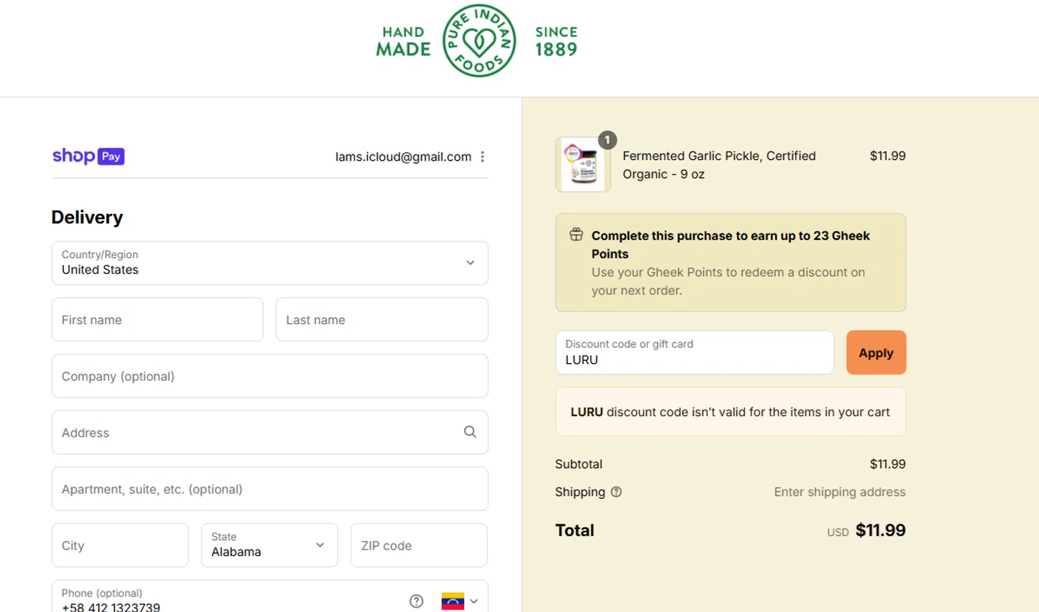 Pure Indian Foods discount code screenshot showing code LURU applied at Pure Indian Foods checkout page. Uploaded by SimplyCodes community member lmarin10 on Aug 16, 2025
