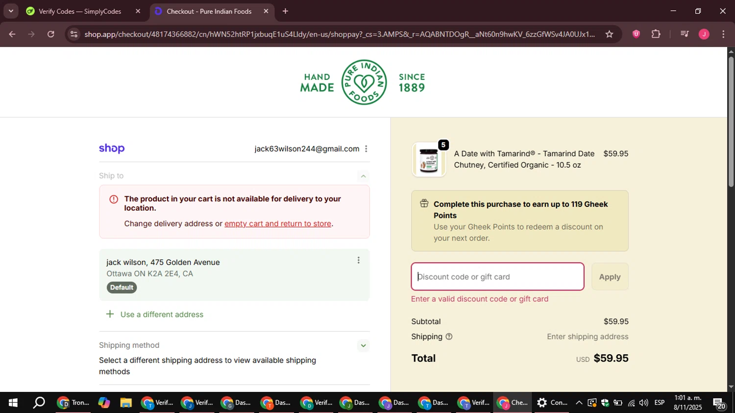 Pure Indian Foods discount code screenshot showing code 7NGBVHG0EJJ3 applied at Pure Indian Foods checkout page. Uploaded by SimplyCodes community member JackWilson63 on Nov 8, 2025