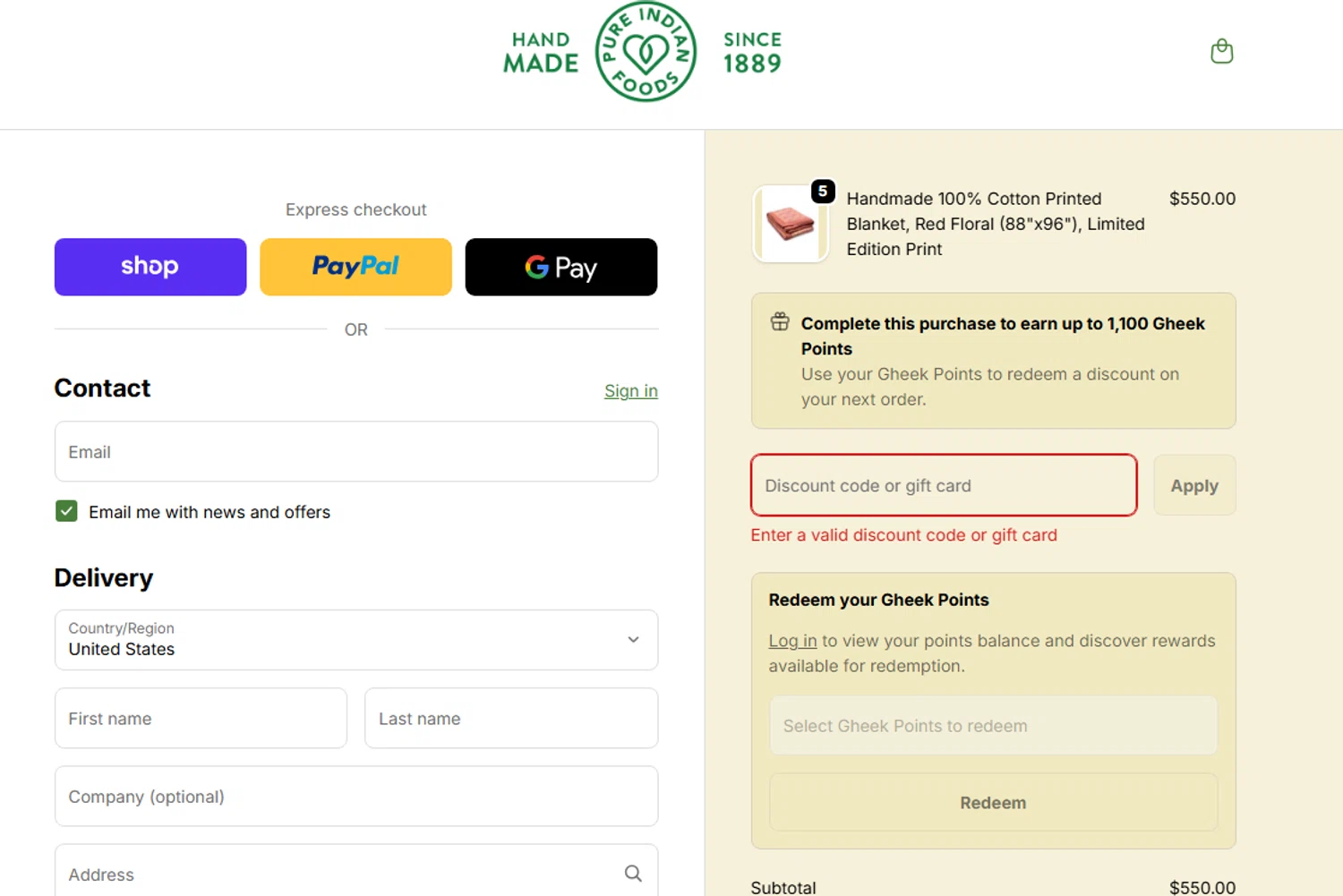 Pure Indian Foods discount code screenshot showing code BOGO-BLANKET applied at Pure Indian Foods checkout page. Uploaded by SimplyCodes community member BargainRanger2568 on Dec 27, 2025