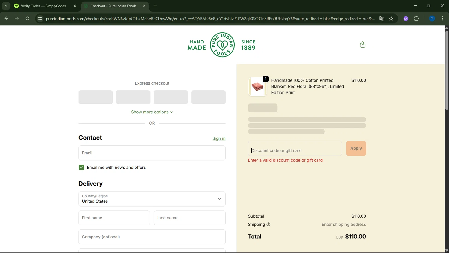 Pure Indian Foods discount code screenshot showing code BOGO-BLANKET applied at Pure Indian Foods checkout page. Uploaded by SimplyCodes community member GloriousSpotter8024 on Dec 27, 2025