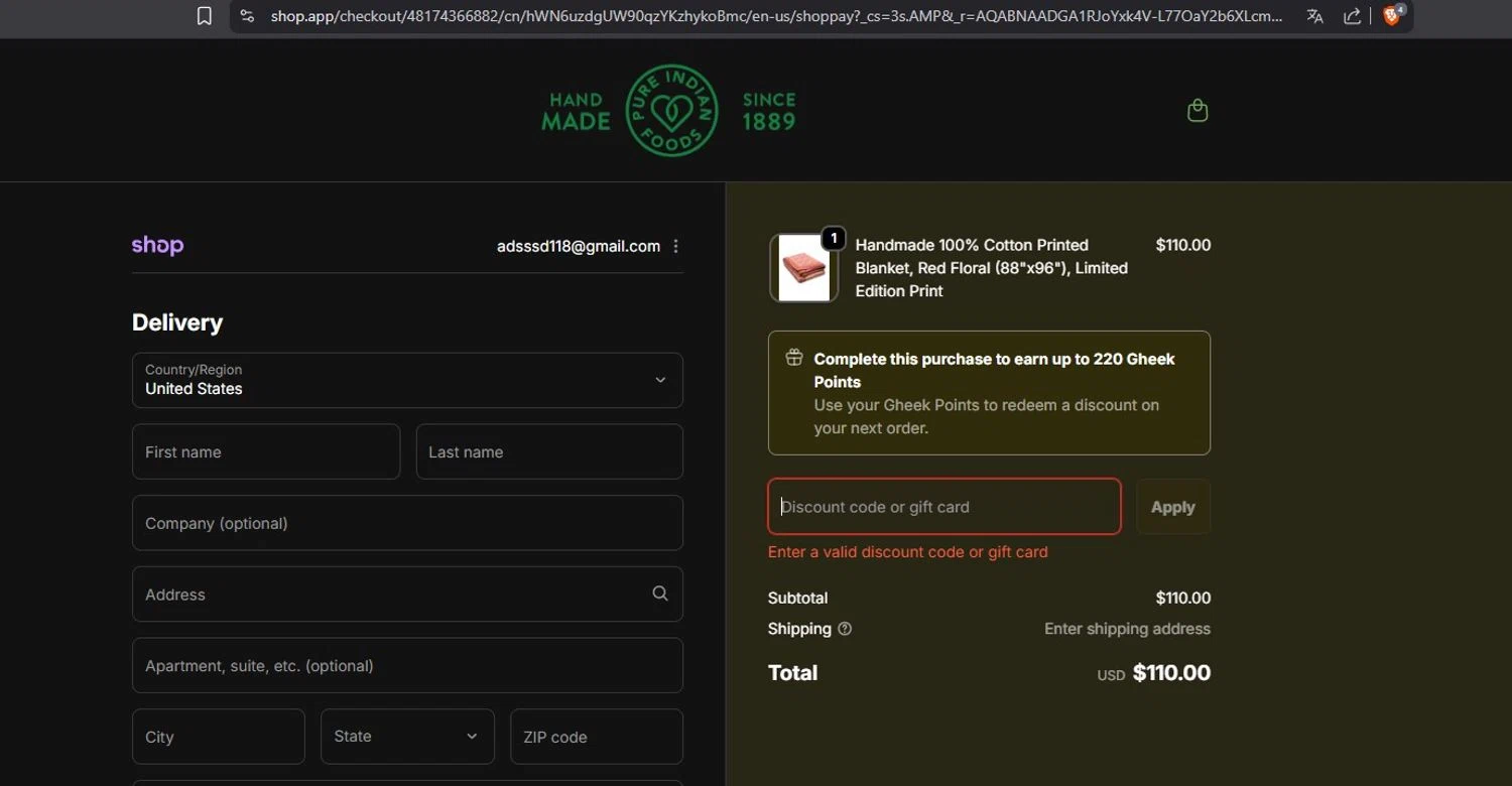 Pure Indian Foods discount code screenshot showing code BOGO-BLANKET applied at Pure Indian Foods checkout page. Uploaded by SimplyCodes community member LegendarySeeker3956 on Dec 27, 2025
