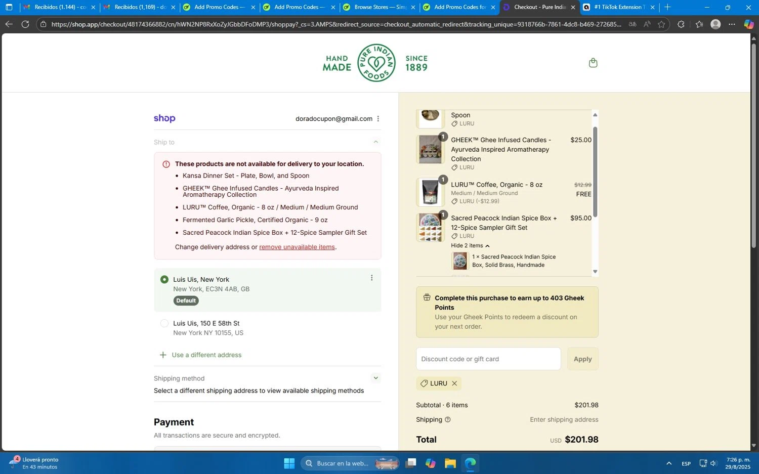 Pure Indian Foods discount code screenshot showing code LURU applied at Pure Indian Foods checkout page. Uploaded by SimplyCodes community member Mdeoca on Aug 29, 2025