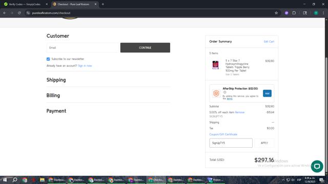 Pure Leaf Kratom checkout page showing Pure Leaf Kratom coupon code box | Screenshot taken by SimplyCodes community member on Sep 12, 2025