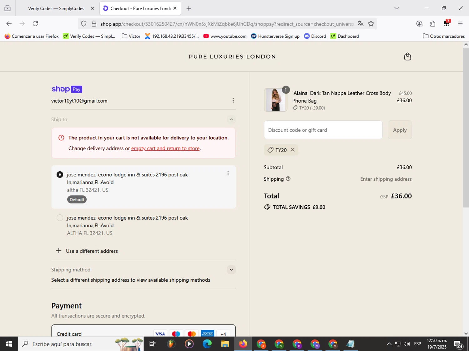 Pure Luxuries discount code screenshot showing code TY20 applied at Pure Luxuries checkout page. Uploaded by SimplyCodes community member Garou_Y2K on Jul 19, 2025