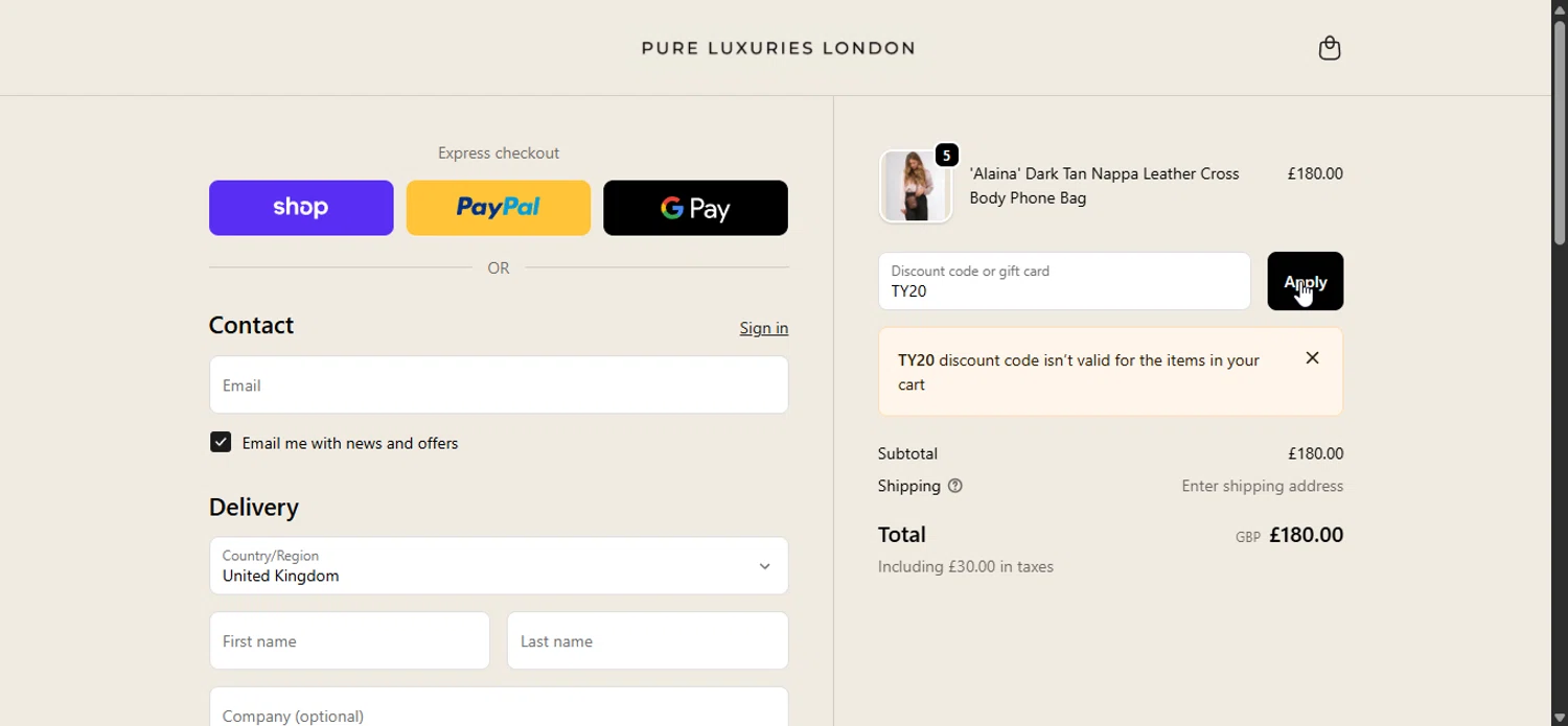 Pure Luxuries discount code screenshot showing code TY20 applied at Pure Luxuries checkout page. Uploaded by SimplyCodes community member LuckyPioneer1027 on Oct 3, 2025