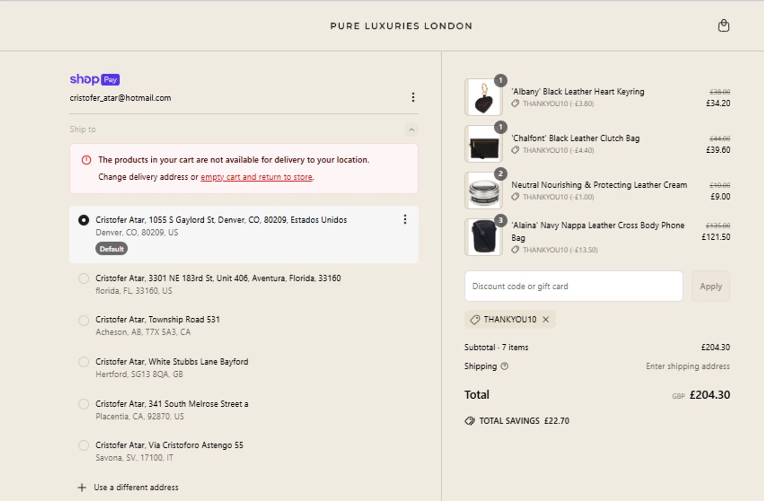 Pure Luxuries discount code screenshot showing code THANKYOU10 applied at Pure Luxuries checkout page. Uploaded by SimplyCodes community member FundoKadmiel on Jun 22, 2025