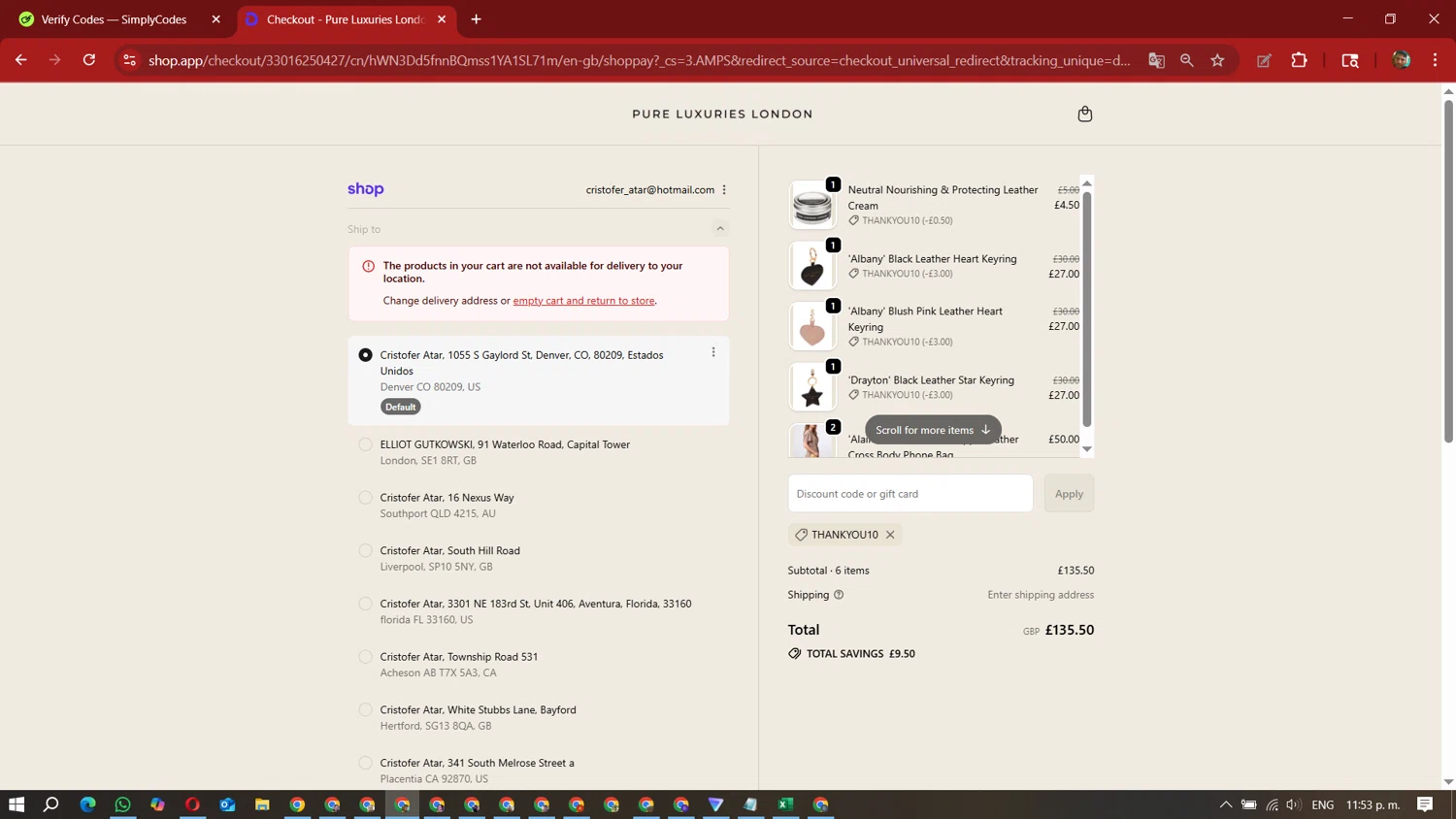 Pure Luxuries discount code screenshot showing code THANKYOU10 applied at Pure Luxuries checkout page. Uploaded by SimplyCodes community member David_Gut_Sonic on Sep 21, 2025
