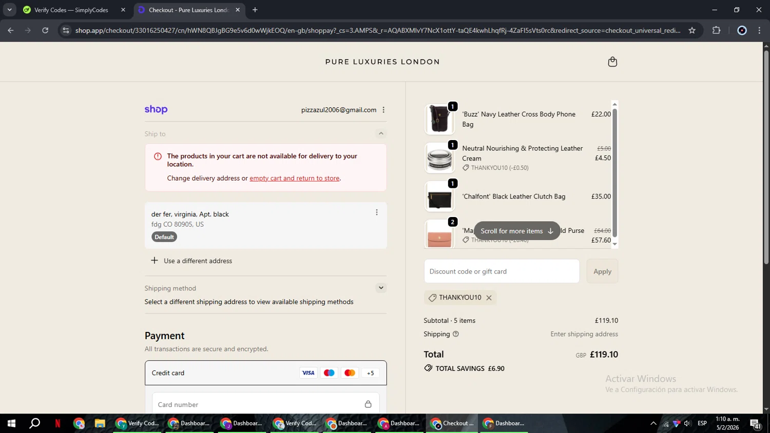 Pure Luxuries checkout page showing Pure Luxuries discount code box | Screenshot taken by SimplyCodes community member on Feb 5, 2026