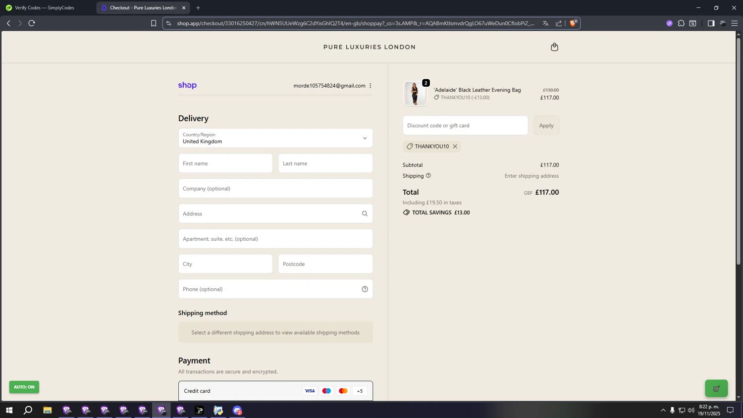 Pure Luxuries discount code screenshot showing code THANKYOU10 applied at Pure Luxuries checkout page. Uploaded by SimplyCodes community member fffffffffffffffffff on Nov 20, 2025