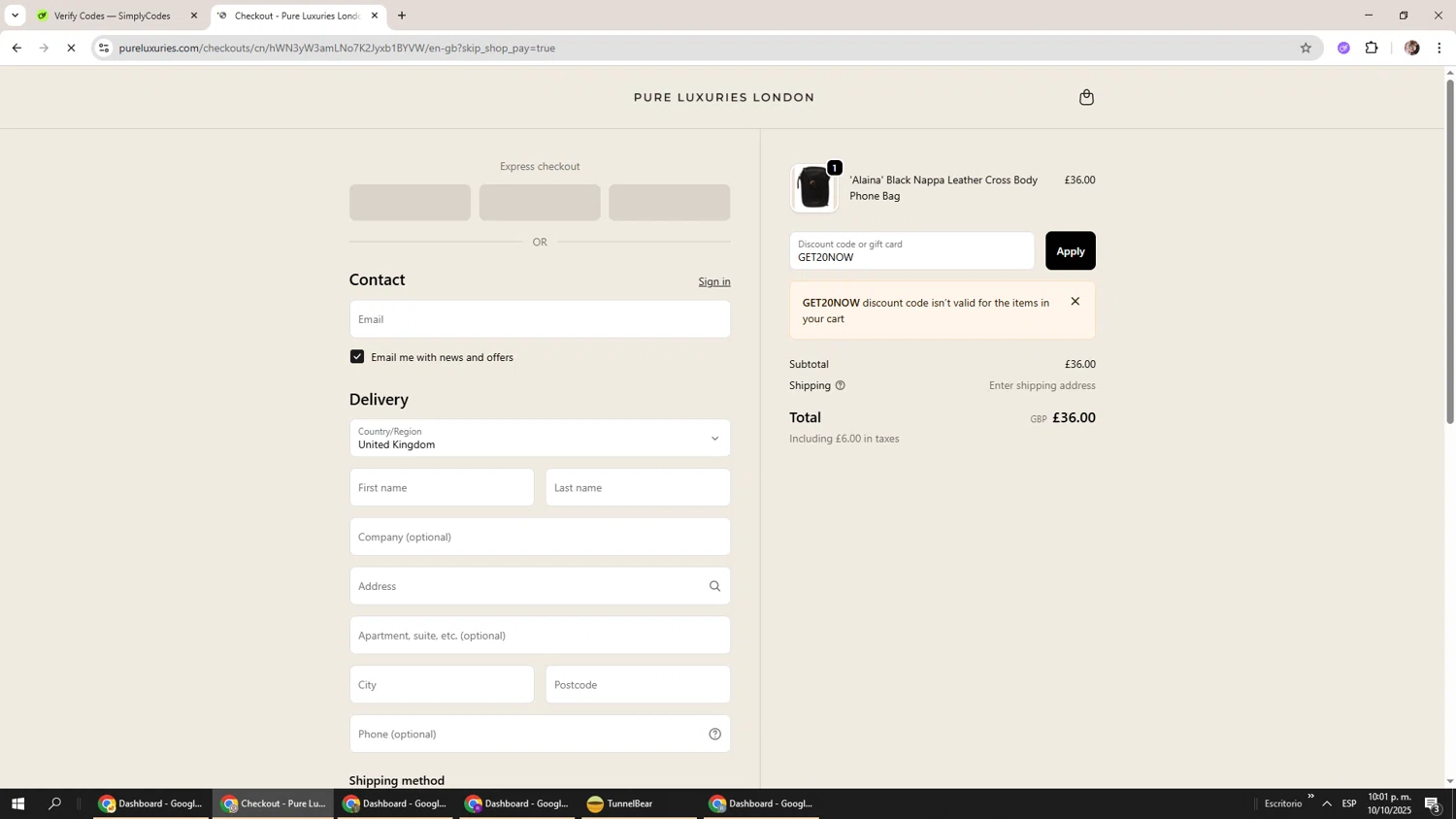 Pure Luxuries discount code screenshot showing code GET20NOW applied at Pure Luxuries checkout page. Uploaded by SimplyCodes community member Levi_Ackerman on Oct 11, 2025