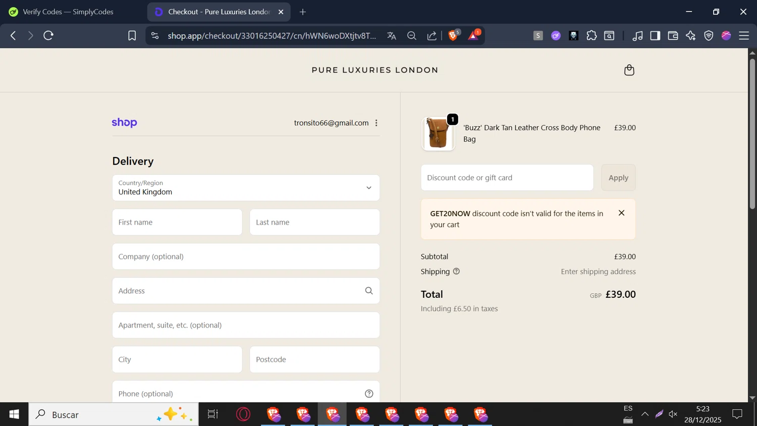Pure Luxuries discount code screenshot showing code GET20NOW applied at Pure Luxuries checkout page. Uploaded by SimplyCodes community member doriangel3 on Dec 28, 2025