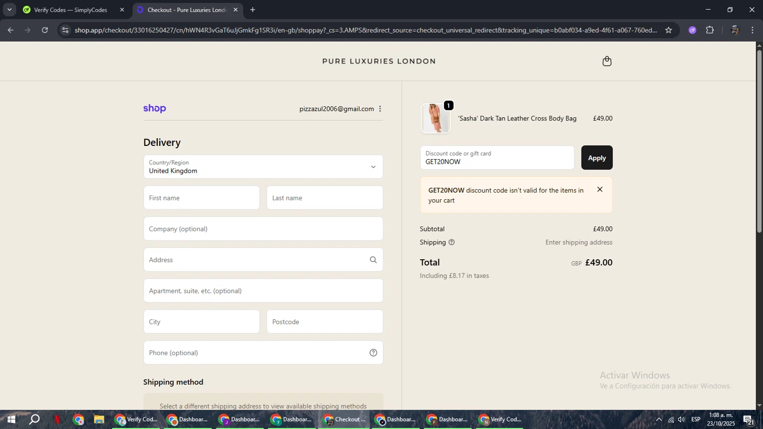 Pure Luxuries discount code screenshot showing code GET20NOW applied at Pure Luxuries checkout page. Uploaded by SimplyCodes community member xxdddd on Oct 23, 2025