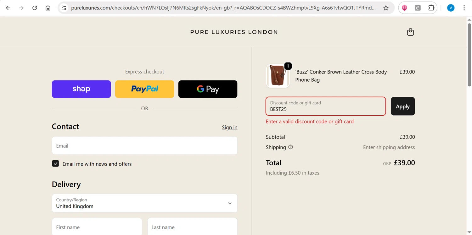 Pure Luxuries discount code screenshot showing code BEST25 applied at Pure Luxuries checkout page. Uploaded by SimplyCodes community member CleverPilot4885 on Jan 7, 2026