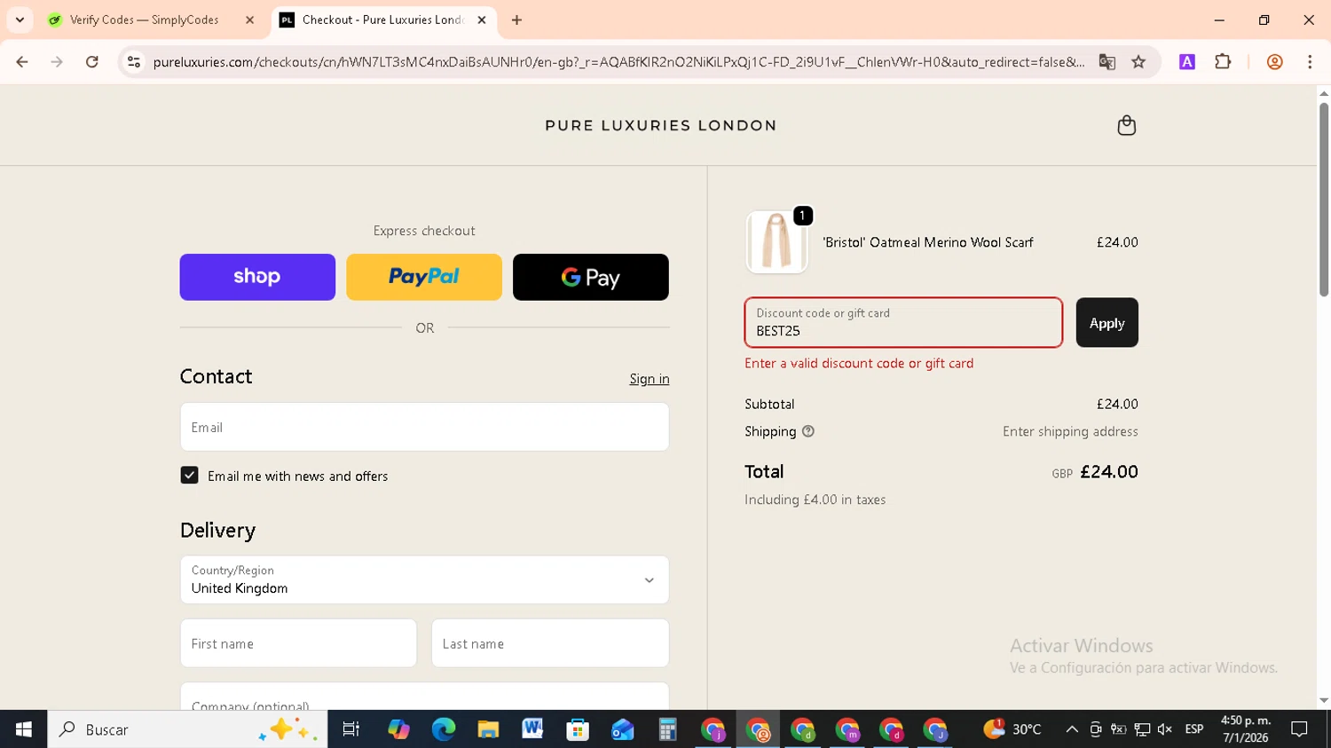 Pure Luxuries discount code screenshot showing code BEST25 applied at Pure Luxuries checkout page. Uploaded by SimplyCodes community member RebateCollector5909 on Jan 7, 2026