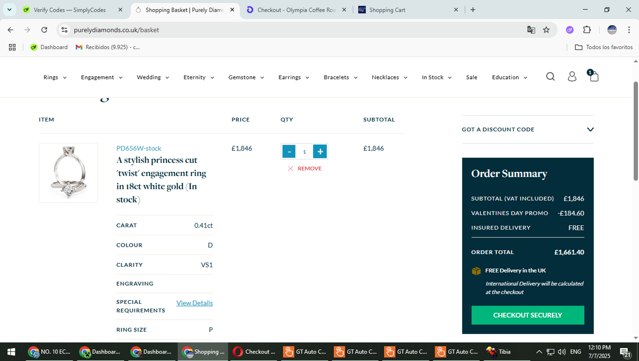 Purely Diamonds checkout page showing Purely Diamonds promo code box | Screenshot taken by SimplyCodes community member on Jul 7, 2025