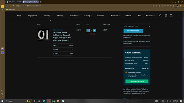 Purely Diamonds checkout page showing Purely Diamonds promo code box | Screenshot taken by SimplyCodes community member on Jun 22, 2025