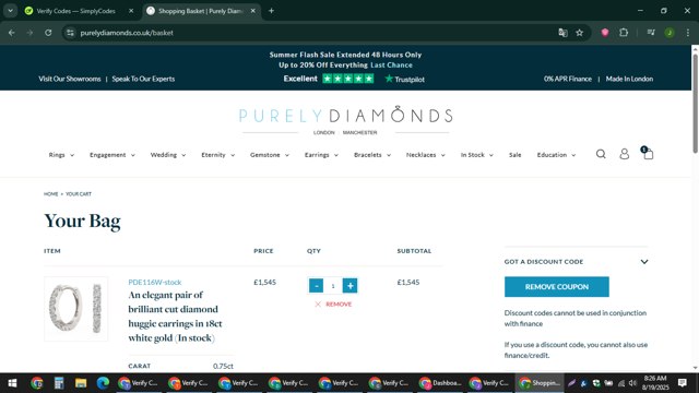 Purely Diamonds checkout page showing Purely Diamonds promo code box | Screenshot taken by SimplyCodes community member on Aug 19, 2025