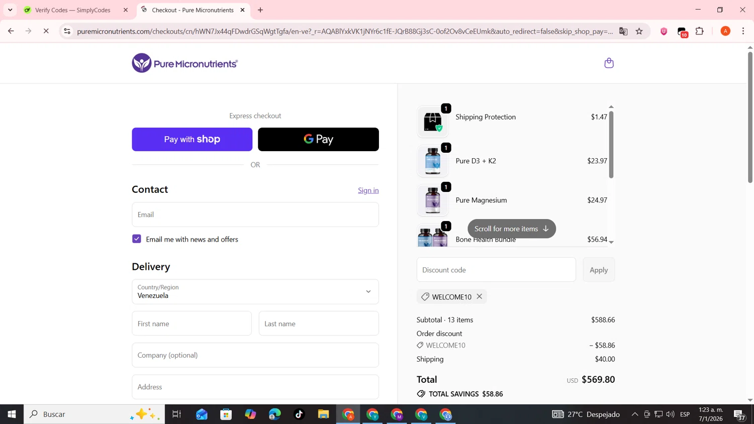 Pure Micronutrients checkout page showing Pure Micronutrients discount code box | Screenshot taken by SimplyCodes community member on Jan 7, 2026