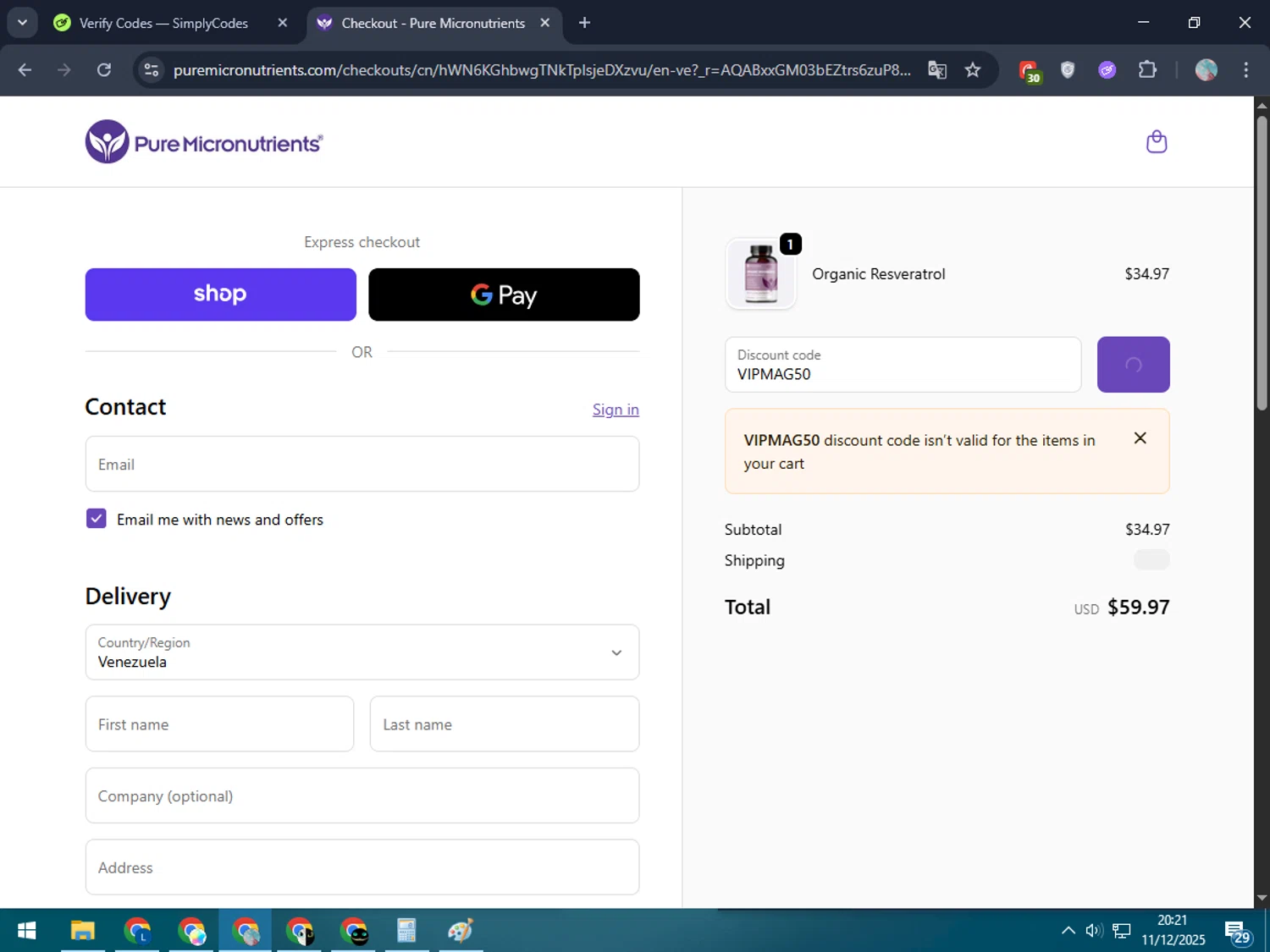 Pure Micronutrients discount code screenshot showing code VIPMAG50 applied at Pure Micronutrients checkout page. Uploaded by SimplyCodes community member LegendaryPro7106 on Dec 12, 2025