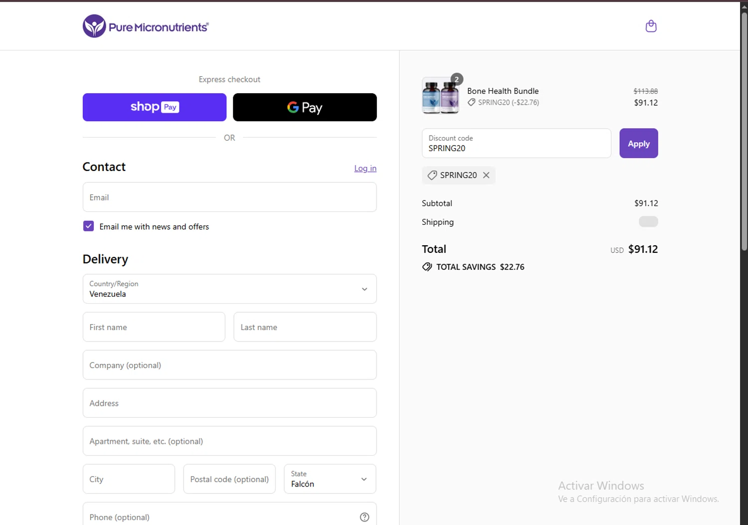 Pure Micronutrients discount code screenshot showing code SPRING20 applied at Pure Micronutrients checkout page. Uploaded by SimplyCodes community member TreasureChaser3010 on Jul 23, 2025