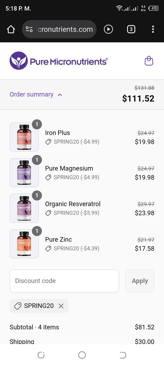 Pure Micronutrients discount code screenshot showing code SPRING20 applied at Pure Micronutrients checkout page. Uploaded by SimplyCodes community member eudorasuarez on Jul 9, 2025