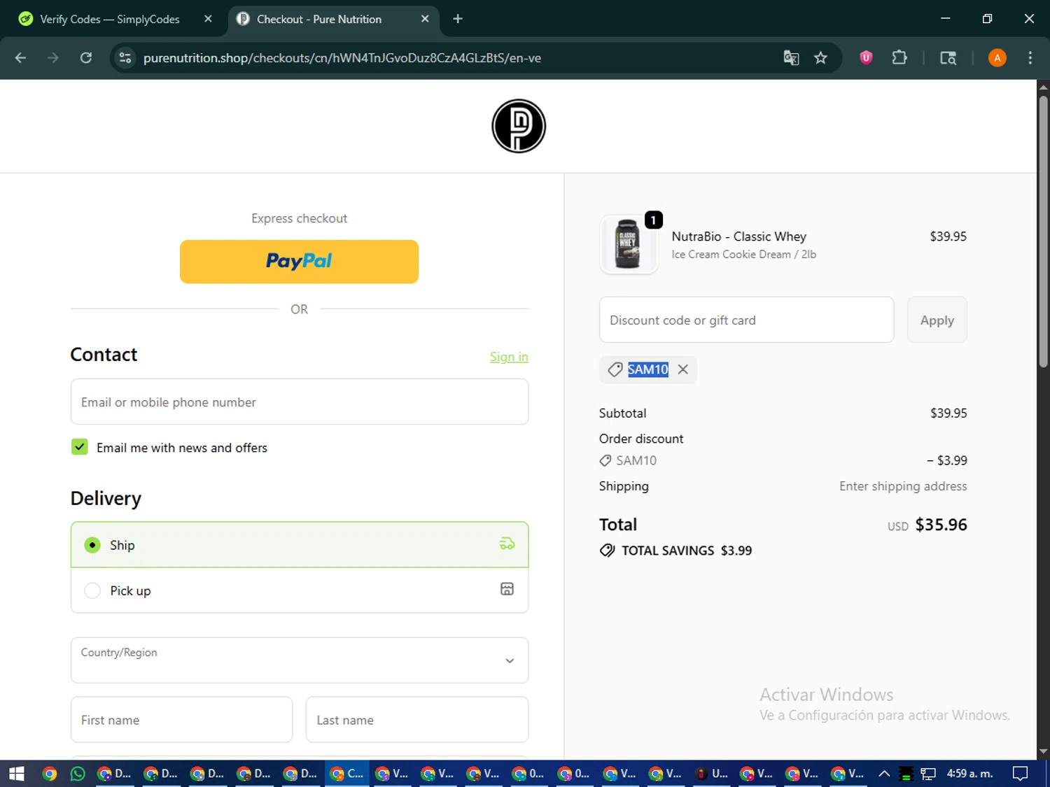 Pure Nutrition discount code screenshot showing code SAM10 applied at Pure Nutrition checkout page. Uploaded by SimplyCodes community member MoneyPhoenix4664 on Oct 24, 2025