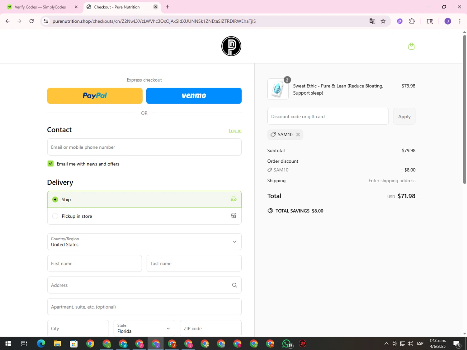 Pure Nutrition discount code screenshot showing code SAM10 applied at Pure Nutrition checkout page. Uploaded by SimplyCodes community member ValueHero2277 on Jun 4, 2025