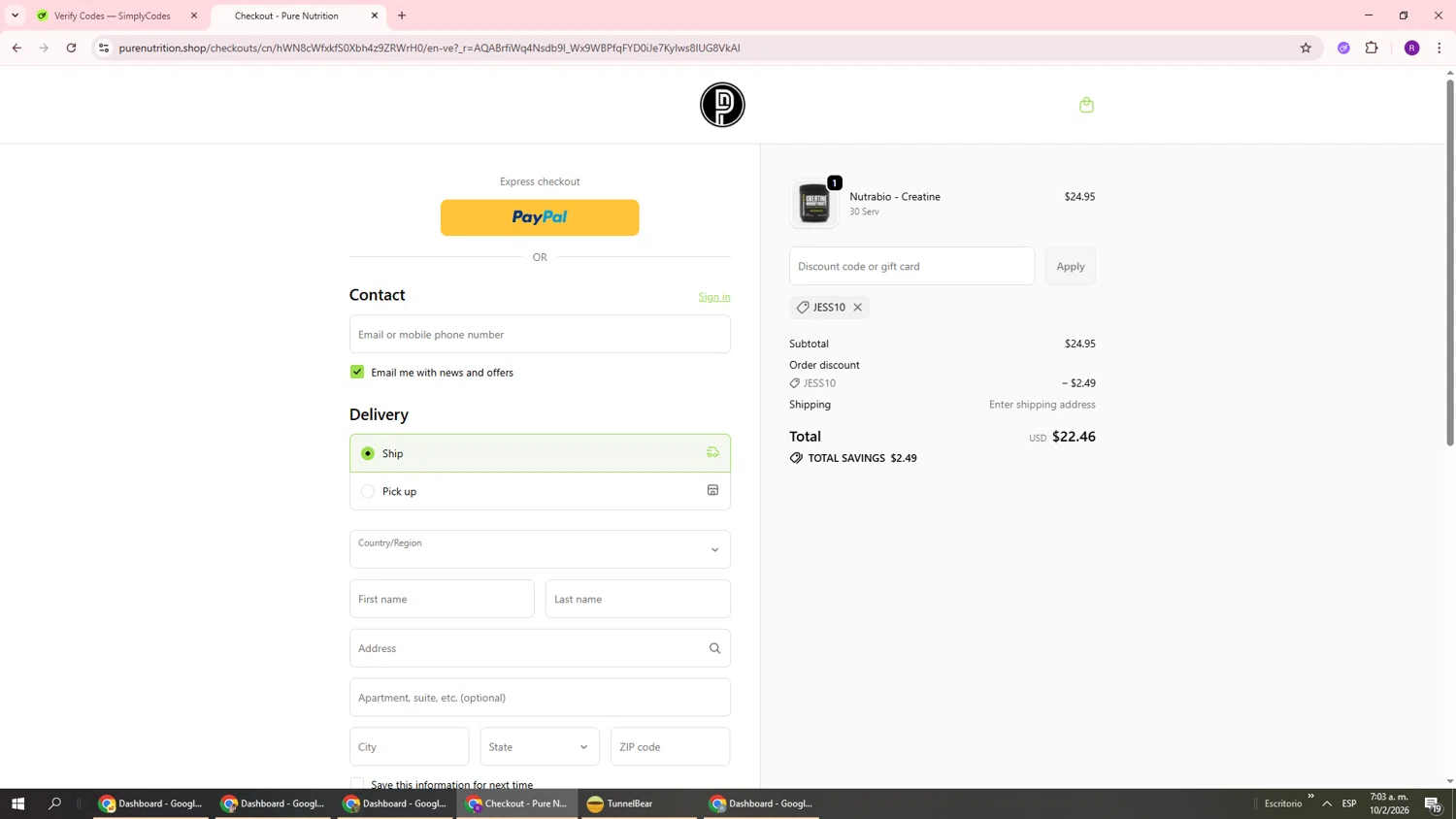 Pure Nutrition checkout page showing Pure Nutrition discount code box | Screenshot taken by SimplyCodes community member on Feb 10, 2026
