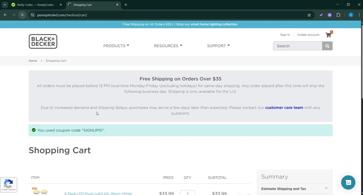 PureOptics LED promo code screenshot showing code SIGNUP10 applied at PureOptics LED checkout page. Uploaded by SimplyCodes community member CodeScholar4340 on May 15, 2025