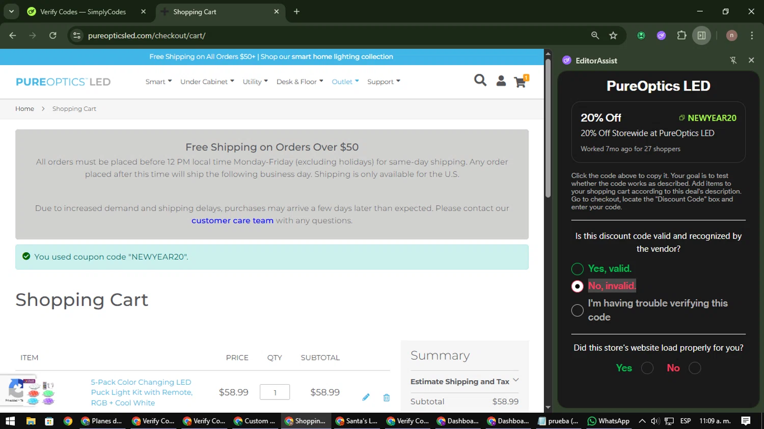 PureOptics LED promo code screenshot showing code NEWYEAR20 applied at PureOptics LED checkout page. Uploaded by SimplyCodes community member SmartWarden8713 on Dec 2, 2025