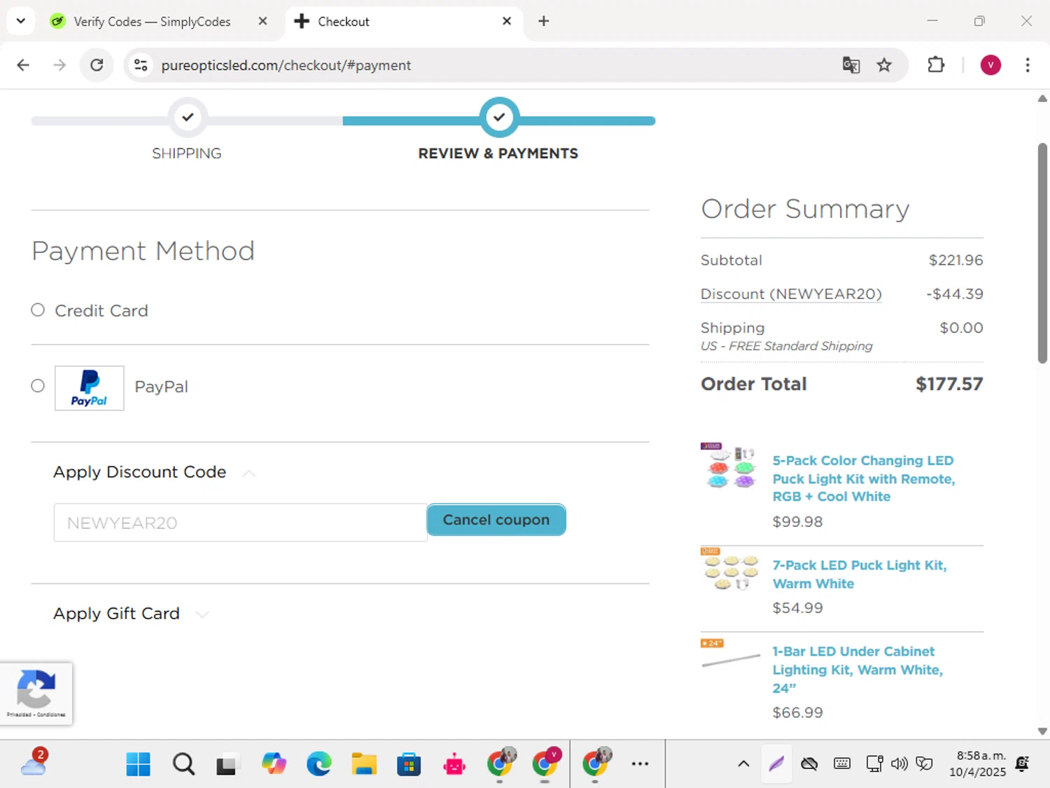 PureOptics LED promo code screenshot showing code NEWYEAR20 applied at PureOptics LED checkout page. Uploaded by SimplyCodes community member karoline on Apr 10, 2025
