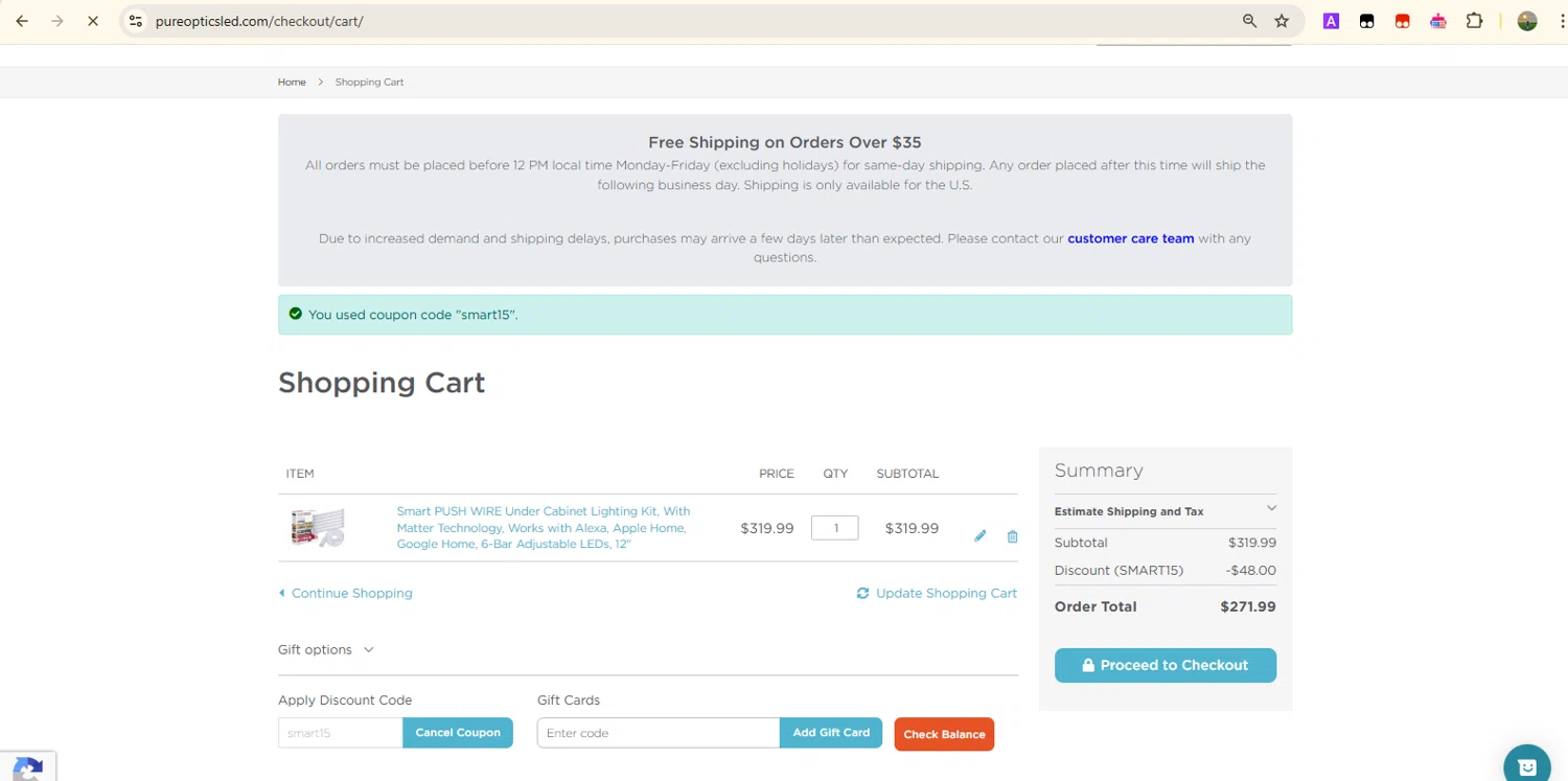 PureOptics LED promo code screenshot showing code smart15 applied at PureOptics LED checkout page. Uploaded by SimplyCodes community member Samugl21 on Apr 10, 2025