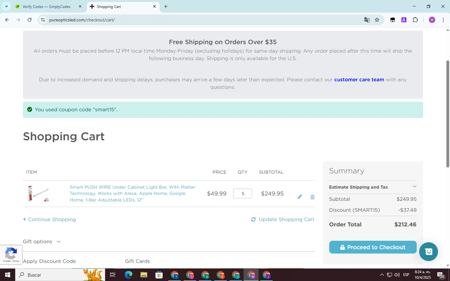 PureOptics LED promo code screenshot showing code smart15 applied at PureOptics LED checkout page. Uploaded by SimplyCodes community member SwiftScout6682 on Apr 10, 2025