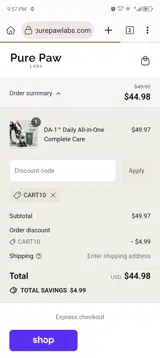 Pure Paw Labs coupon verification screenshot