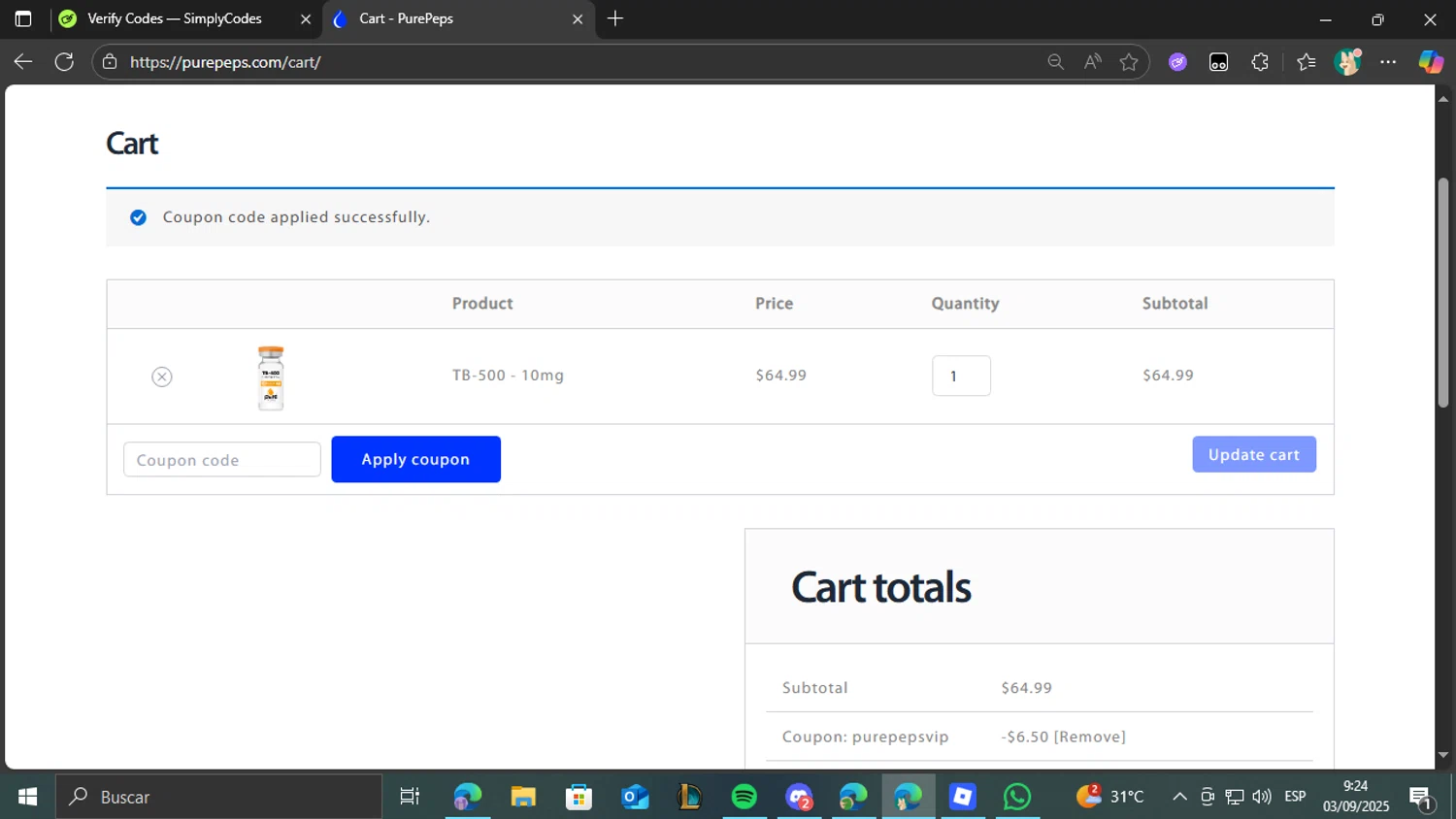 Pure Peps discount code screenshot showing code PurePepsVIP applied at Pure Peps checkout page. Uploaded by SimplyCodes community member CashCollector4109 on Sep 3, 2025