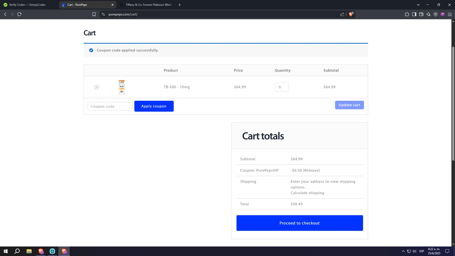 Pure Peps discount code screenshot showing code PurePepsVIP applied at Pure Peps checkout page. Uploaded by SimplyCodes community member Nezukooo on Jun 25, 2025