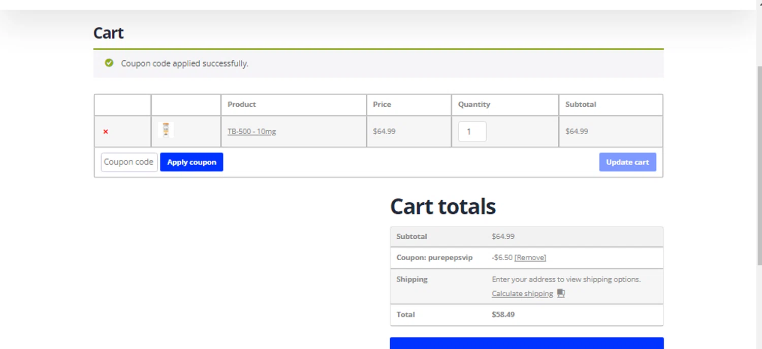 Pure Peps checkout page showing Pure Peps discount code box | Screenshot taken by SimplyCodes community member on Jul 29, 2024