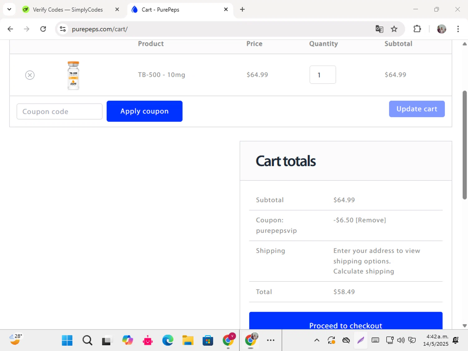 Pure Peps checkout page showing Pure Peps discount code box | Screenshot taken by SimplyCodes community member on May 14, 2025