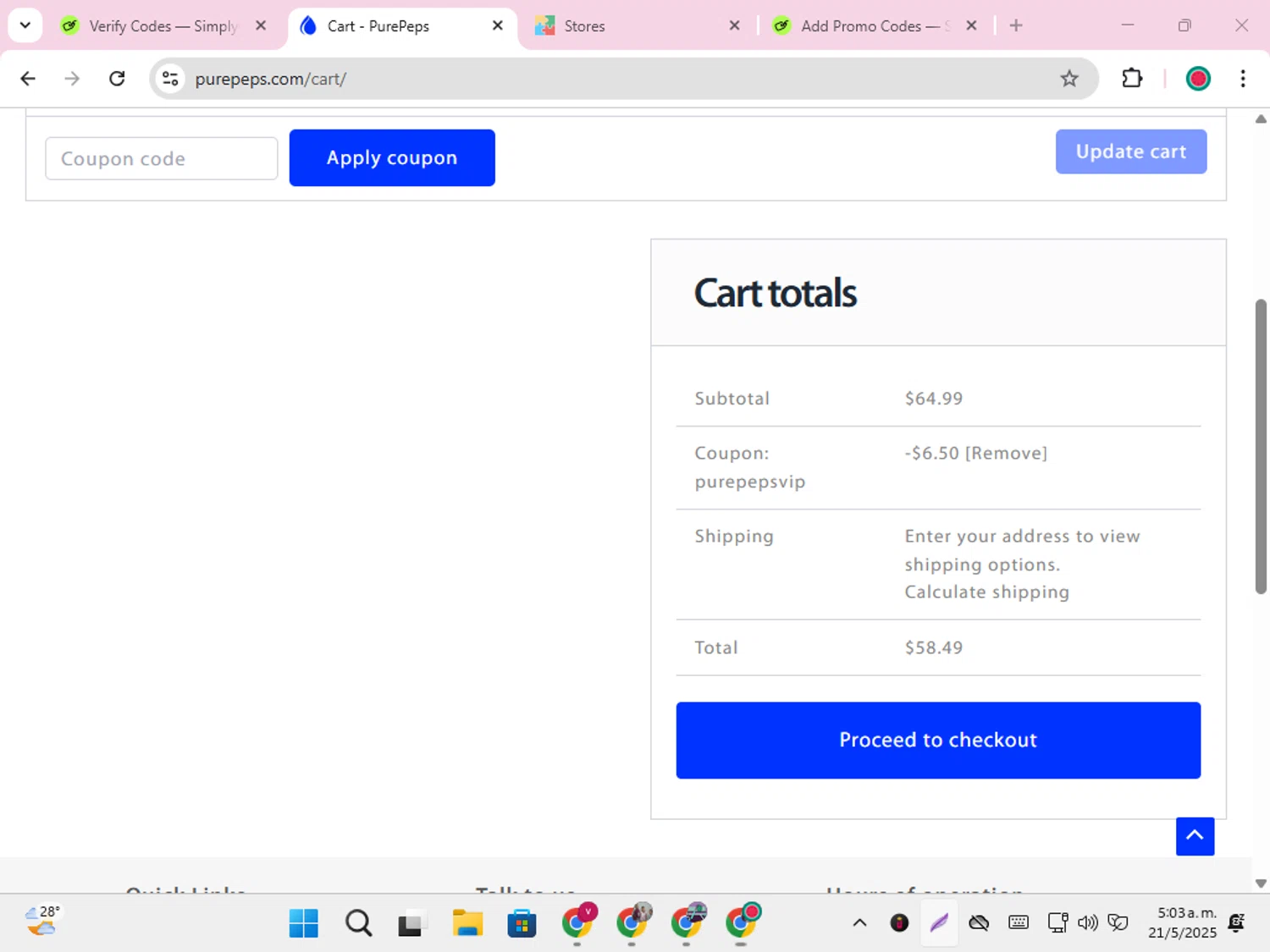 Pure Peps checkout page showing Pure Peps discount code box | Screenshot taken by SimplyCodes community member on May 21, 2025