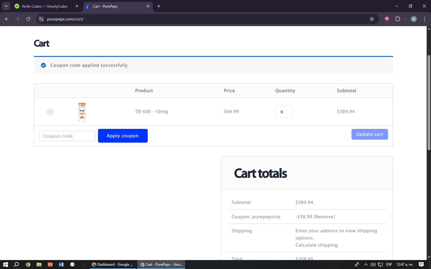 Pure Peps discount code screenshot showing code PurePepsVIP applied at Pure Peps checkout page. Uploaded by SimplyCodes community member maraxo on Jul 20, 2025