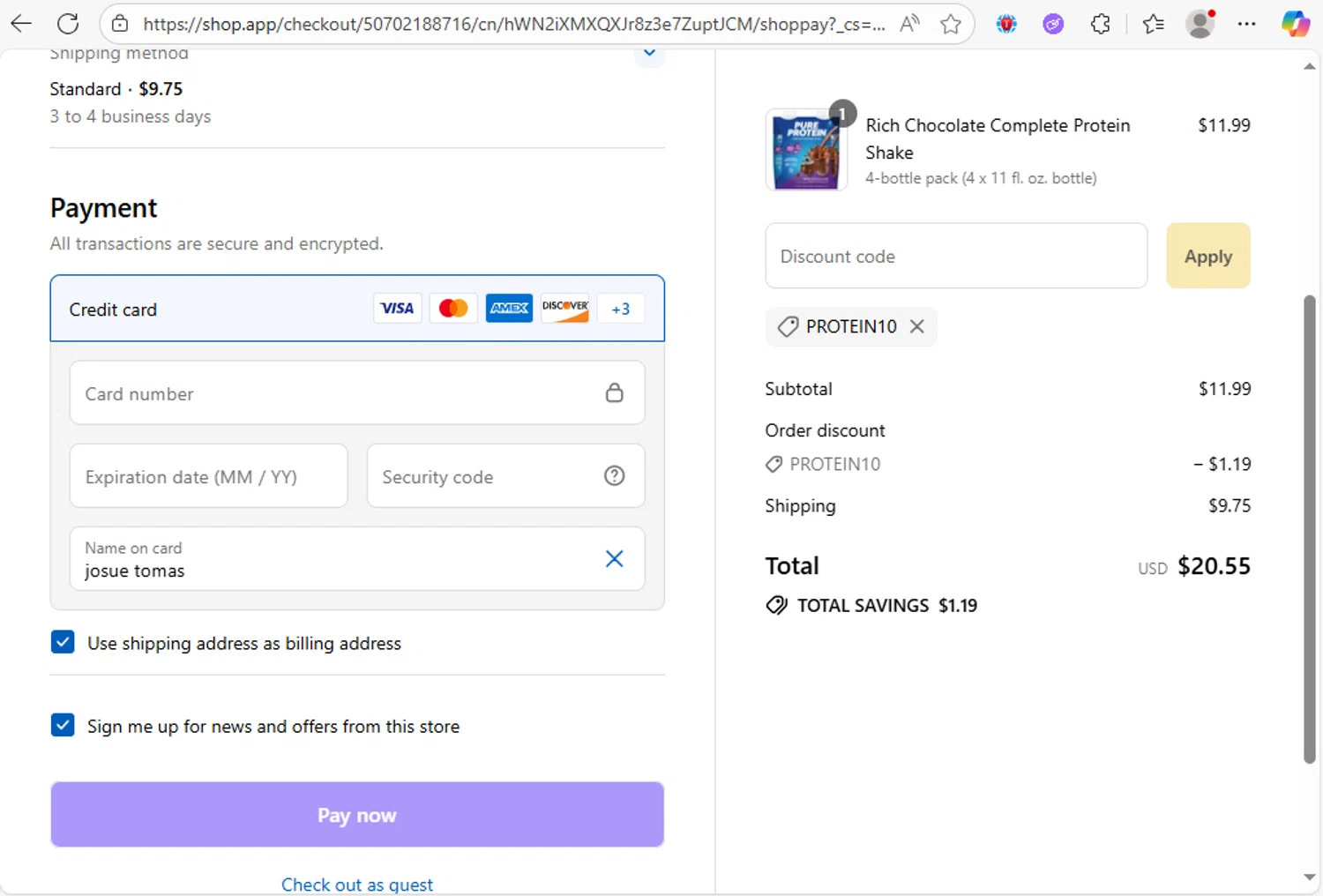 Pure Protein promo code screenshot showing code PROTEIN10 applied at Pure Protein checkout page. Uploaded by SimplyCodes community member Franco20 on Sep 7, 2025