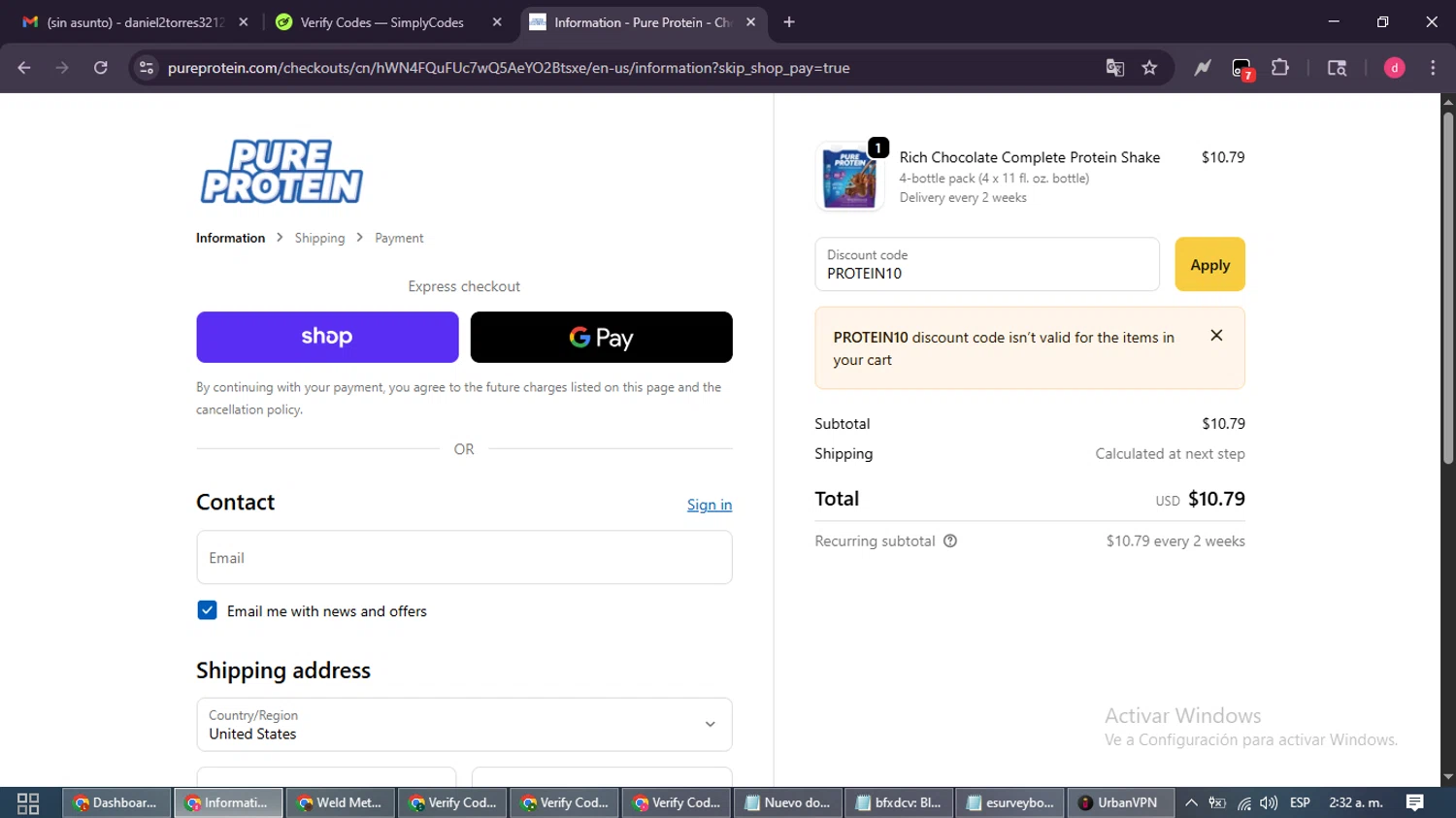 Pure Protein promo code screenshot showing code PROTEIN10 applied at Pure Protein checkout page. Uploaded by SimplyCodes community member MagnificentSpotter4236 on Oct 18, 2025