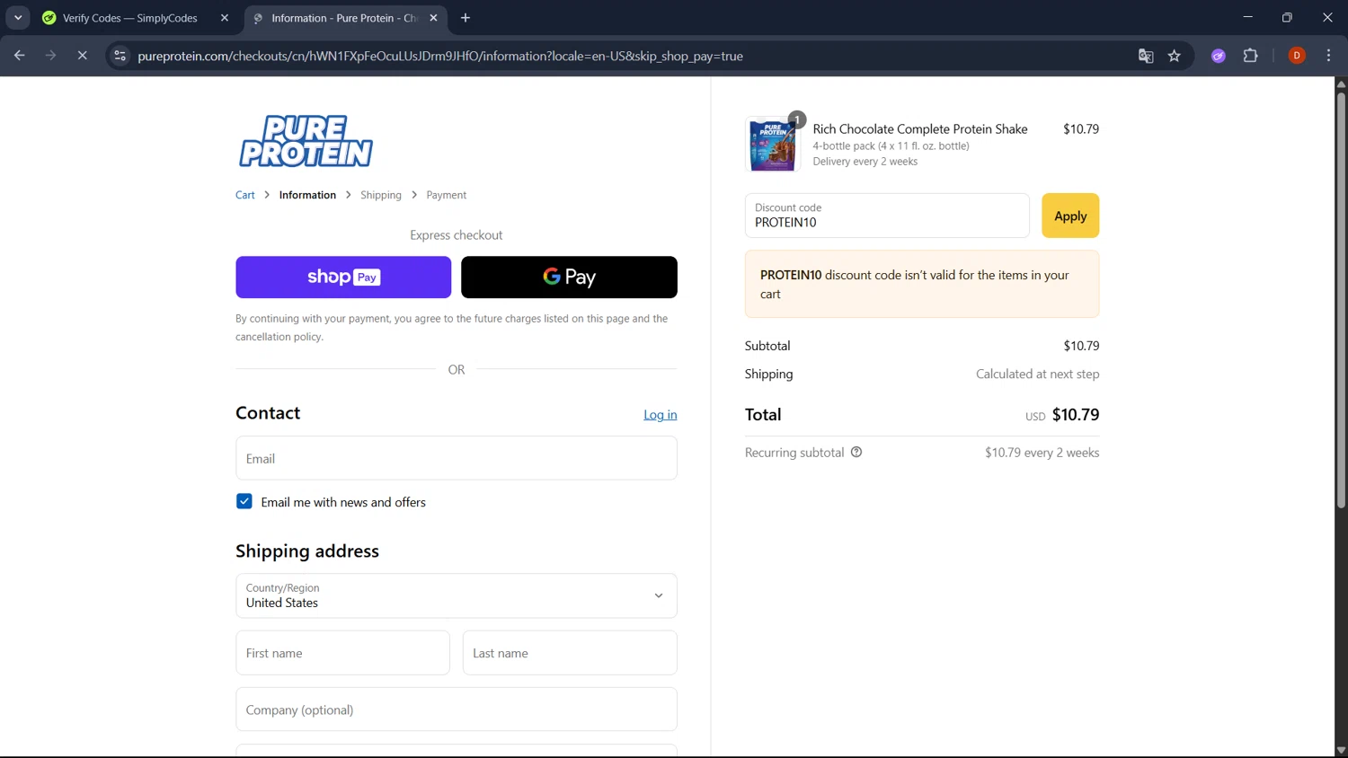 Pure Protein promo code screenshot showing code PROTEIN10 applied at Pure Protein checkout page. Uploaded by SimplyCodes community member RoyalSaver3150 on Jul 31, 2025