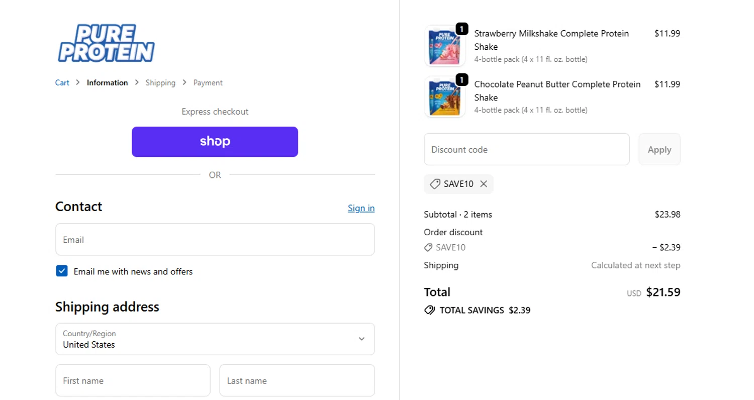 Pure Protein promo code screenshot showing code SAVE10 applied at Pure Protein checkout page. Uploaded by SimplyCodes community member Sweety2020 on Nov 14, 2025